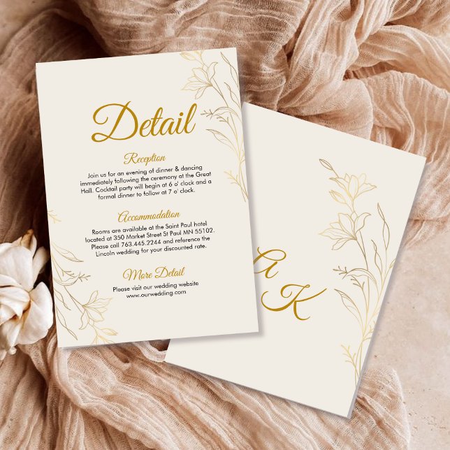 Elegant Gold Floral Wedding Details Enclosure Card Tilläggskort (Skapare uppladdad)