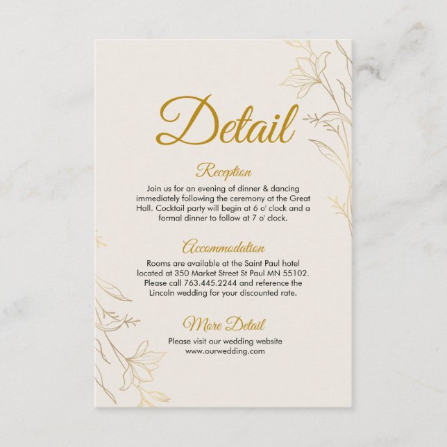 Elegant Gold Floral Wedding Details Enclosure Card Tilläggskort (Framsida)