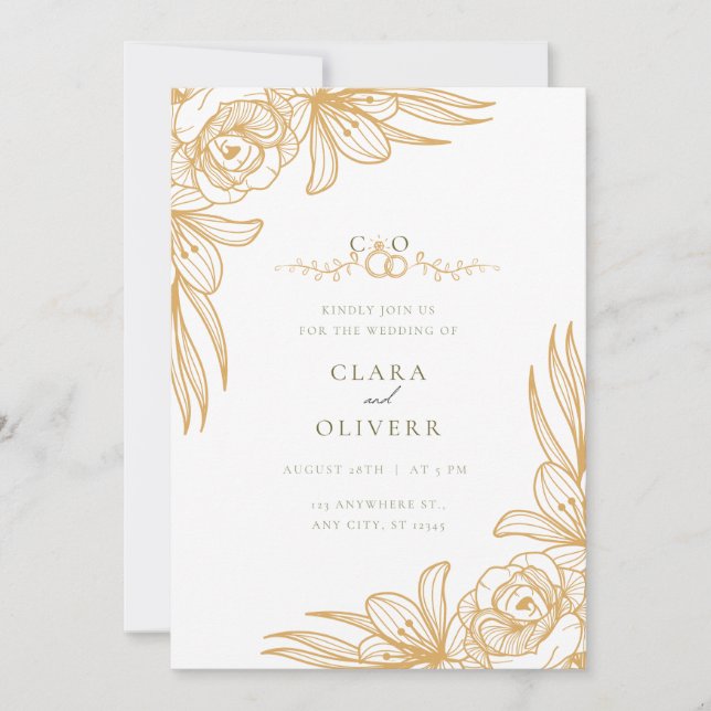 Elegant Gold Floral Wedding Invitation Inbjudningar (Framsida)