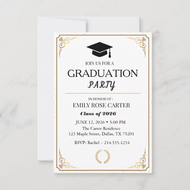 Elegant Gold Flourish Black Graduation Party  Inbjudningar (Framsida)