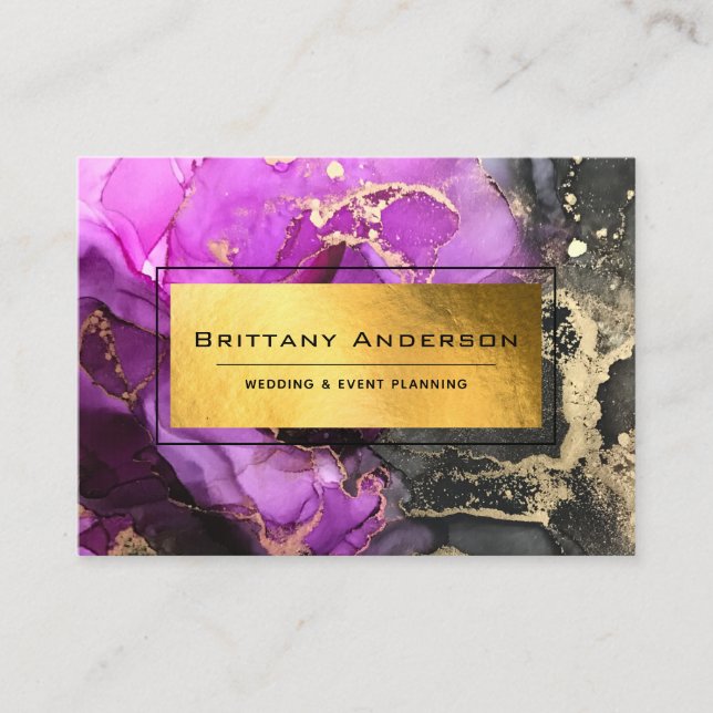 Elegant Gold Foil Black Lila Marblezed Anpassnings Visitkort (Framsida)
