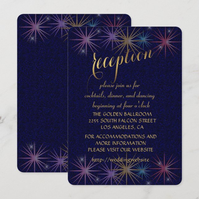 Elegant Gold Foil Blue Glitter Recept Enclosure Inbjudningar (Fram/baksida)