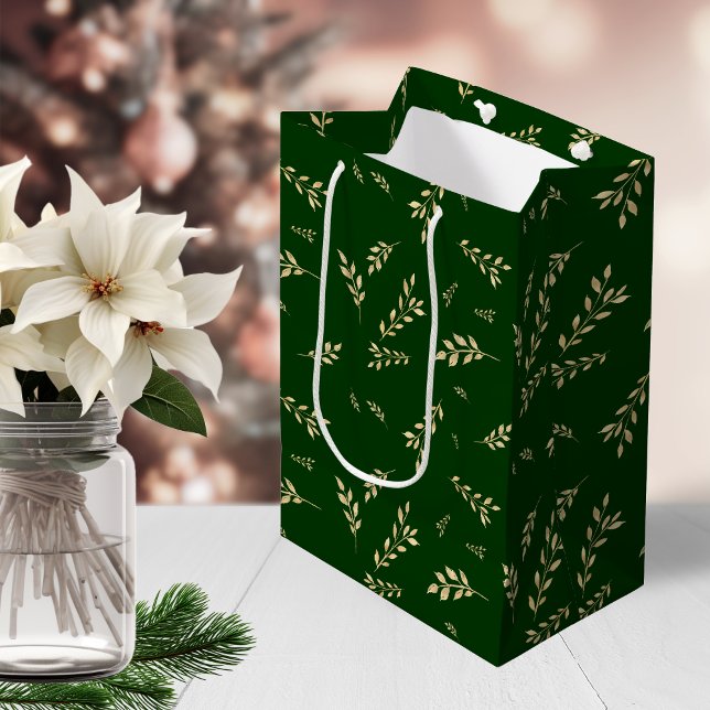 Elegant Gold Foil Botanical Forest Grönt Mönster (Elegant Gold Foil Botanical Forest Green Pattern Medium Gift Bag)