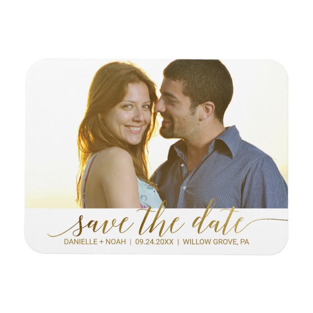 Elegant Gold Foil Calligraphy Save Date Photo Magnet (Horisontell)