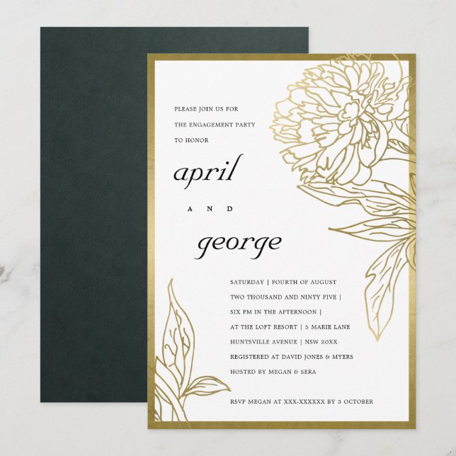 ELEGANT GOLD FOIL CLASSY BLOMMIGT FÖRLOVNING INBJU TACK KORT (Fram/baksida)