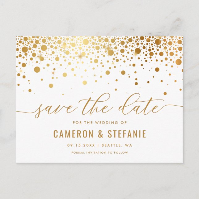 Elegant Gold Foil Confetti Vit Spara datum Vykort (Framsida)