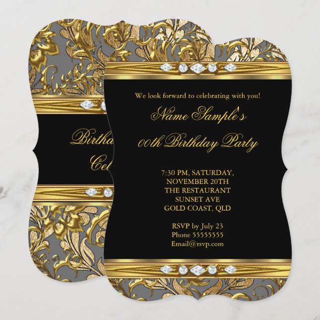 Elegant Gold Foil Damask Black Diamond Birthday 2 Inbjudningar (Fram/baksida)