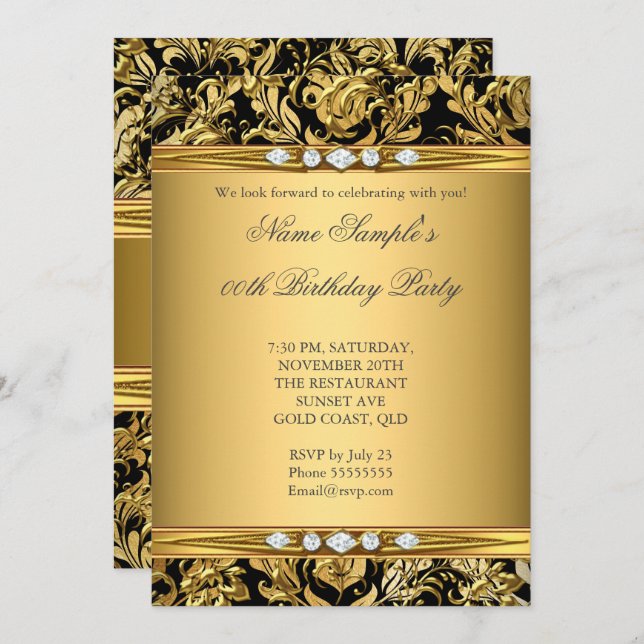 Elegant Gold Foil Damask Black Diamond Birthday Inbjudningar (Fram/baksida)