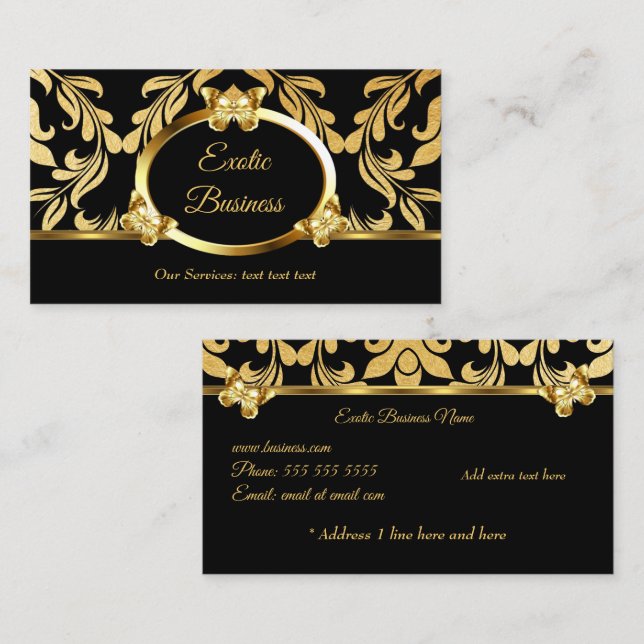 Elegant Gold Foil Damask Blommigt Butterflies Blac Visitkort (Fram/baksida)