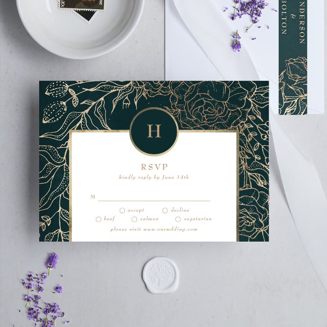 Elegant Gold Foil & Emerald Grönt Wandend Monogram OSA Kort (RSVP showcasing suite - additional items (bought separately))