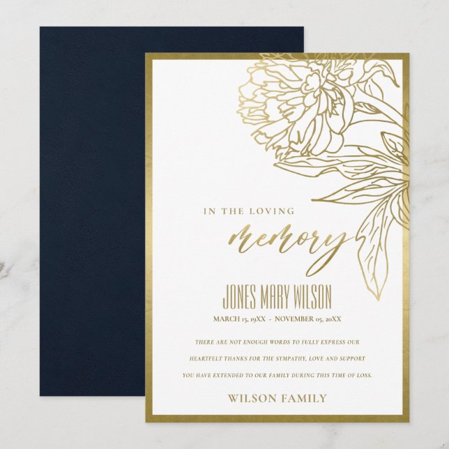 ELEGANT GOLD FOIL FAUX BLOMMIGT SYMPATI MEMORIAL T TACK KORT (Fram/baksida)