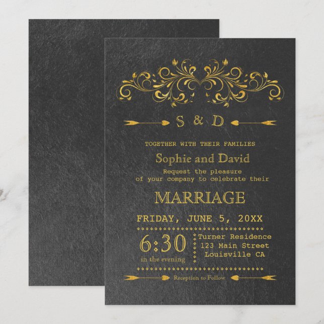 Elegant Gold Foil Flourish Black Wedding bjudande  Inbjudningar (Fram/baksida)