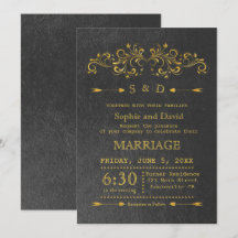 Elegant Gold Foil Flourish Black Wedding bjudande