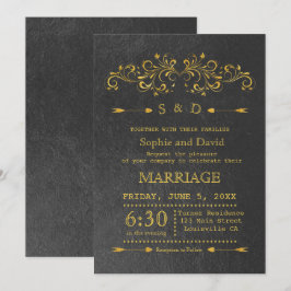 Elegant Gold Foil Flourish Black Wedding bjudande  Inbjudningar