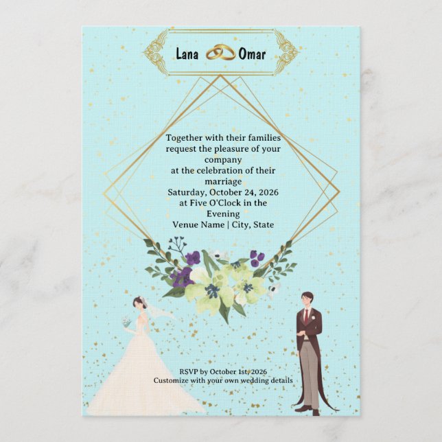 Elegant Gold Foil Geometric Dusty Blue Wedding  Inbjudningar (Framsida)