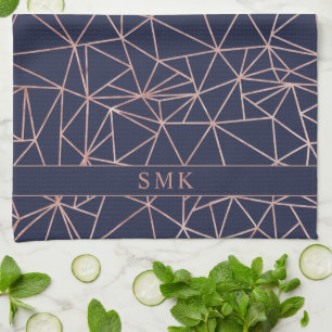 Elegant Gold Foil Geometric Polygon Navy Blue Kökshandduk