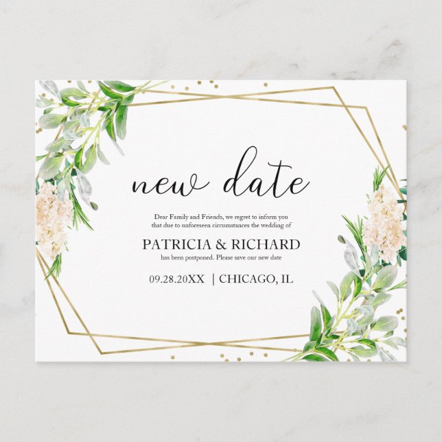 Elegant Gold Foil Greenery Bröllop New Date Vykort (Framsida)