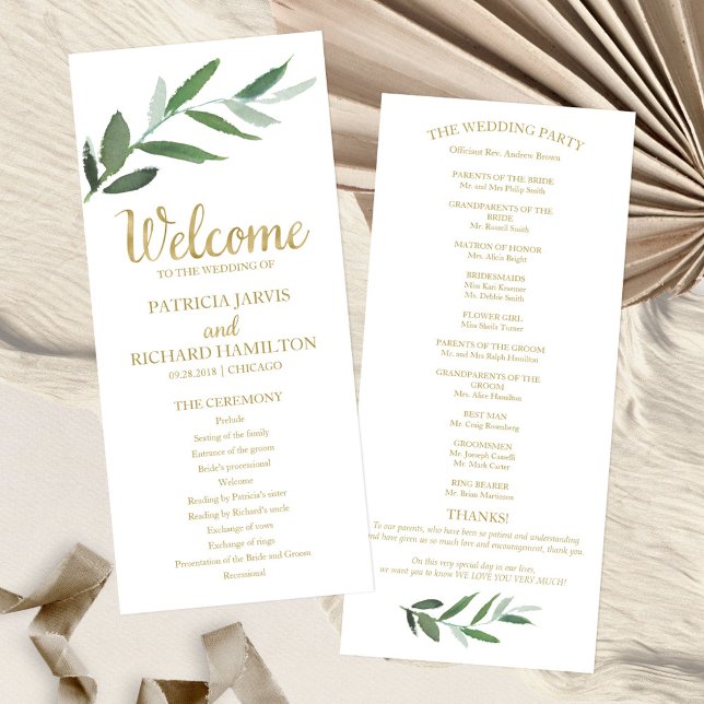 Elegant Gold Foil Greenery Bröllopsprogram Program (Skapare uppladdad)