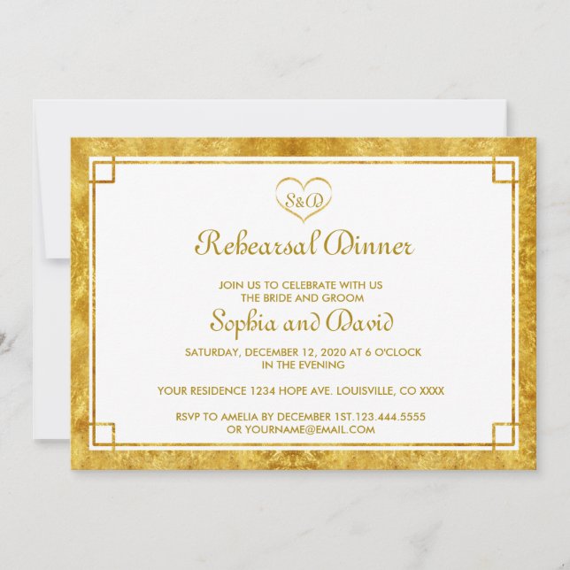 Elegant Gold Foil Heart REHEARSAL DINNER Inbjudan (Framsida)