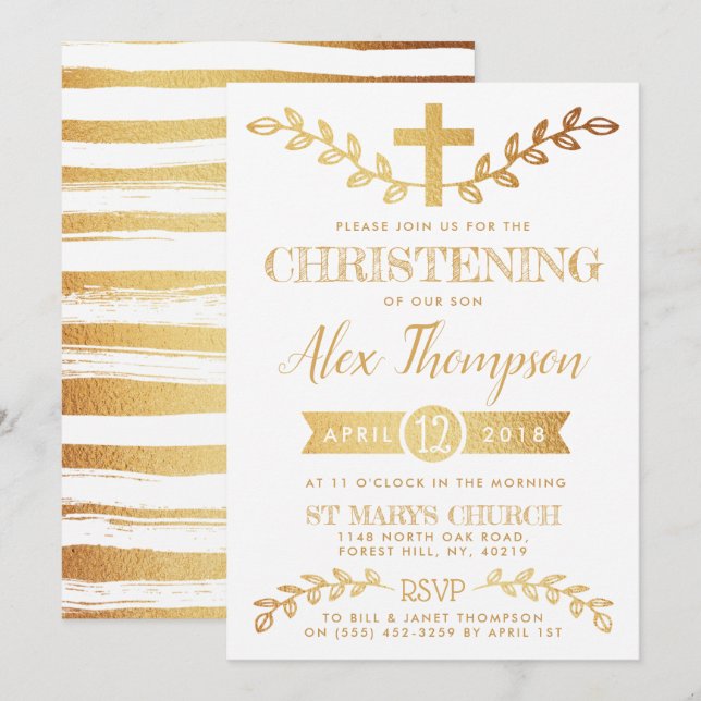 Elegant Gold Foil Kor & Foliage Christening Inbjudningar (Fram/baksida)