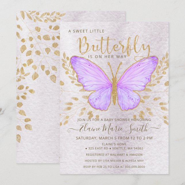 Elegant Gold Foil Lila Butterfly Baby Shower Inbjudningar (Fram/baksida)