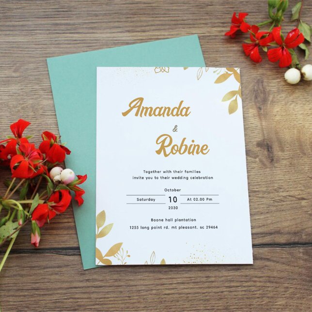 Elegant Gold Foil Lövs bröllopsinbjudan Inbjudningar (Skapare uppladdad)