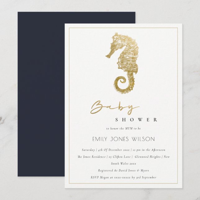 ELEGANT GOLD FOIL NAVY SEAHORSE BABY SHOWER INBJUD TACK KORT (Fram/baksida)