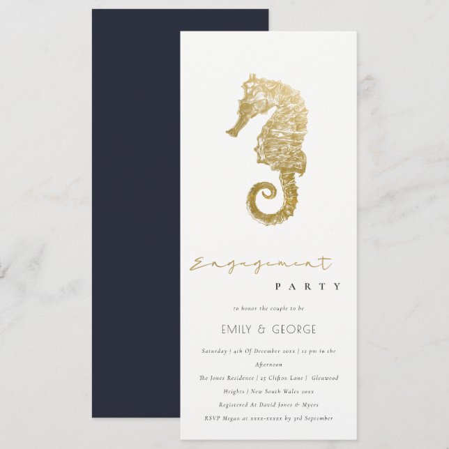 ELEGANT GOLD FOIL NAVY SEAHORSE FÖRLOVNINGSFEST INBJUDNINGAR (Fram/baksida)