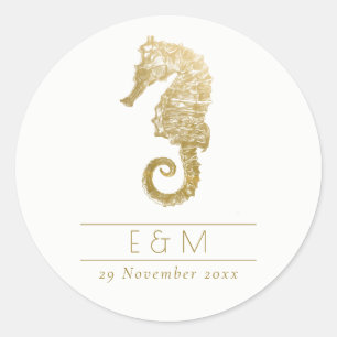 ELEGANT GOLD FOIL NAVY SEAHORSE MONOGRAM BRÖLLOP C RUNT KLISTERMÄRKE