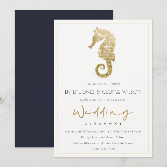 ELEGANT GOLD FOIL NAVY SEAHORSE WEDDING INVITE TACK KORT (Fram/baksida)