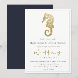 ELEGANT GOLD FOIL NAVY SEAHORSE WEDDING INVITE TACK KORT