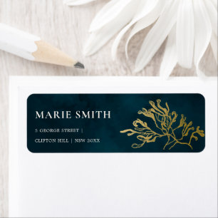 ELEGANT GOLD FOIL NAVY UNDERVATTEN SJÖGRÄS BRÖLLOP RETURADRESS ETIKETT