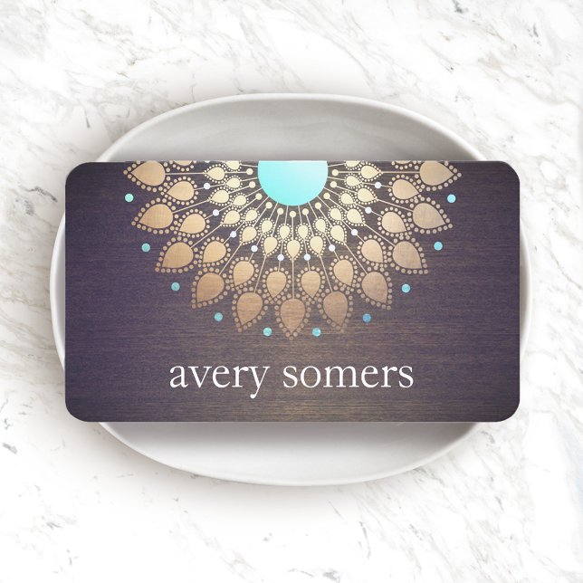 Elegant Gold Foil Ornate Löv Mandala Wood look Visitkort (Skapare uppladdad)