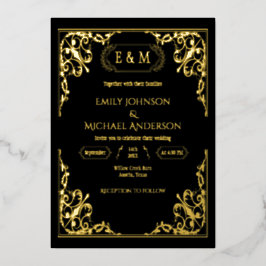 Elegant Gold Foil Ornate Monogram Black Bröllop