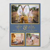 Elegant GOLD FOIL Photo Collage Dusty Blue Bröllop