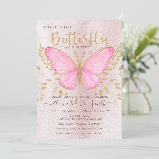 Elegant Gold Foil Rosa Butterfly Baby Shower Invi Inbjudningar (Stående Fram)