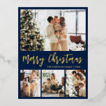 Elegant Gold Foil Script Collage Helgdag Postcard<br><div class="desc">Elegant Calligraphy Minimalist Navy and Gold Foil Script 4 Photo Collage God jul Helgdag Postcard. Den här festiva, imimalistiska, vimiska fyra (4) fotokortsmallen innehåller en söt fotokollage. Texten "God jul" hälsning är skriven i ett vackert handskriftsteckensnitt i guld på marin blå färg-bakgrund. På motsatt sida med hälsning-textmallen med lite hjärtdocka...</div>