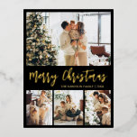 Elegant Gold Foil Script Collage Helgdag Postcard<br><div class="desc">Elegant Calligraphy Minimalist Black and Gold Foil Script 4 Photo Collage God jul Helgdag Postcard. Den här festiva, imimalistiska, vimiska fyra (4) fotokortsmallen innehåller en söt fotokollage. Texten "God jul" hälsning är skriven i ett vackert handskriftsteckensnitt i guld på svart bakgrund i färg. På motsatt sida med hälsning-textmallen med lite...</div>