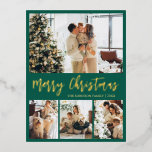 Elegant Gold Foil Script Collage Helgdag Postcard<br><div class="desc">Elegant Calligraphy Minimalist Grönt and Gold Foil Script 4 Photo Collage God jul Helgdag Postcard. Den här festiva, imimalistiska, vimiska fyra (4) fotokortsmallen innehåller en söt fotokollage. Texten "God jul" hälsning är skriven i ett vackert handskriftsteckensnitt i guld på bakgrunden av grönt färg. På motsatt sida med hälsning-textmallen med lite...</div>