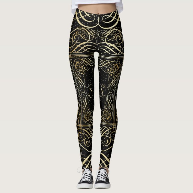 Elegant Gold Foil See Scrollwork Script på Black Leggings (Framsida)
