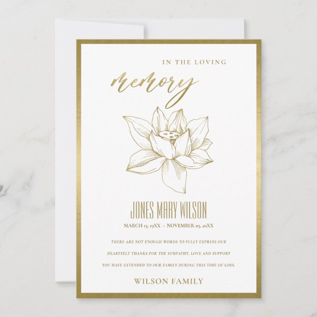 ELEGANT GOLD FOIL VATTEN LILY SYMPATHY MEMORIAL TACK KORT (Framsida)