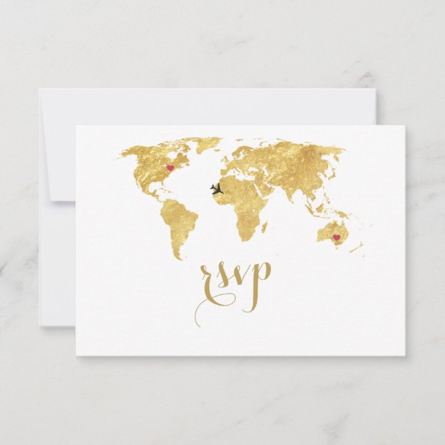 Elegant Gold Foil World Map Destination Wedding OSA Kort (Framsida)