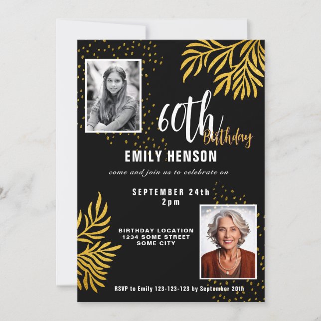  Elegant Gold Foliage 2 Photo 60th Birthday Party  Inbjudningar (Framsida)