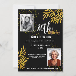  Elegant Gold Foliage 2 Photo 80th Birthday Party  Inbjudningar