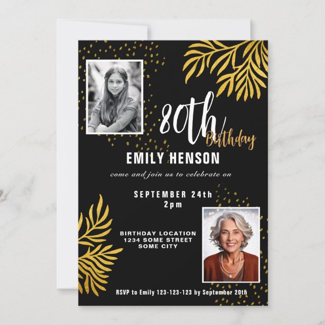  Elegant Gold Foliage 2 Photo 80th Birthday Party  Inbjudningar (Framsida)