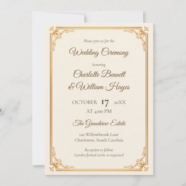 Elegant Gold Frame Classic Wedding Invitation Inbjudningar (Framsida)