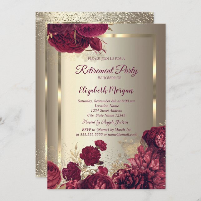 Elegant Gold Frame Confetti Roses Gold Retirement  Inbjudningar (Fram/baksida)