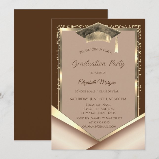 Elegant Gold Frame Diamonds Brown Graduation Inbjudningar (Fram/baksida)