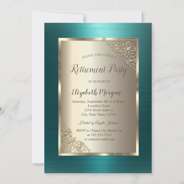 Elegant Gold Frame Green Metallic Retirement  Inbjudningar (Framsida)