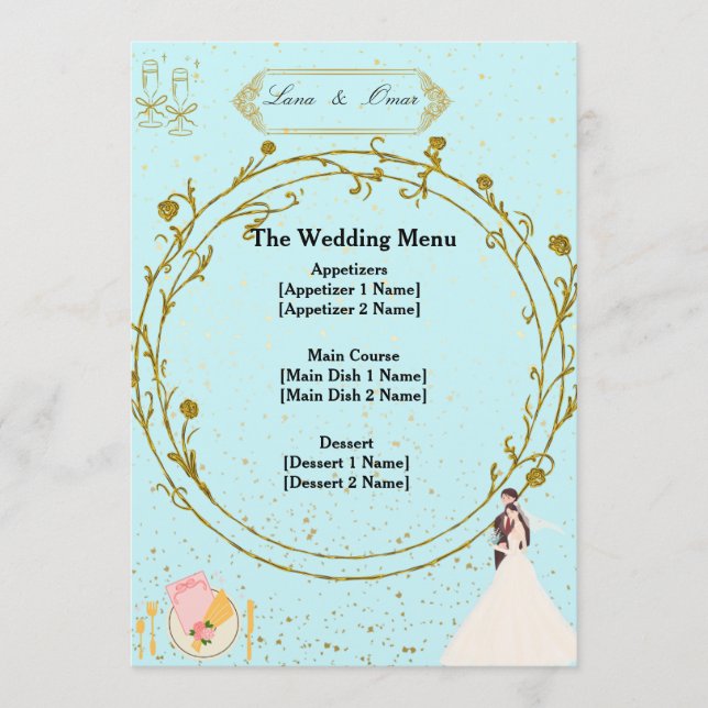 Elegant Gold Geometric Dusty Blue Wedding Menu  Meny (Framsida)